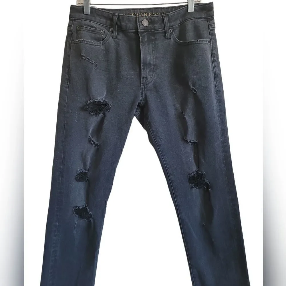American Eagle  Men's Black Slim  Distress Jeans Sz 32×34